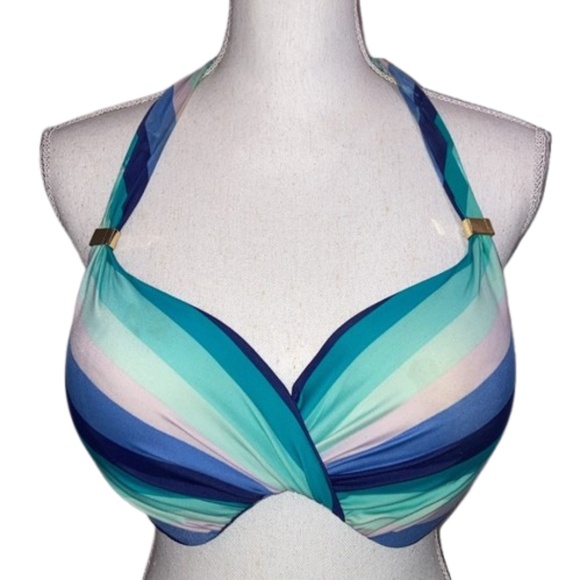 38DD Victoria's Secret padded Swim Bikini Top Diagonal Striped Blue and Green - Picture 1 of 8